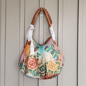 Anuschka Medium Leather Floral Butterfly Satchel Shoulder Bag Handpainted NWT